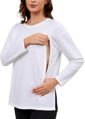 Love2Mi T-shirt d'allaitement pour femmes avec fermeture éclair dissimulée à manches longues, T-shirt d'allaitement décontracté, T-shirt d'allaitement décontracté, mode de maternité, Blanc., XL