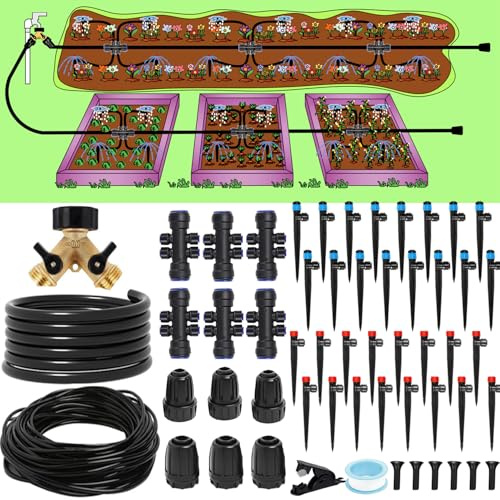 233FT Drip Irrigation System Kit with Quick-Connect System,33FT 1/2 Mainline & 200FT 1/4 Tubing,Brass Y-Type Splitter,Adjustable Nozzle Types.Efficient Sprinkler System Kit