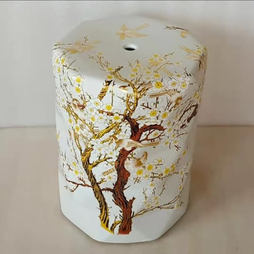 Taburete de jardín de cerámica esmaltada, asiento decorativo de tambor de flores y pájaros, versátil banco cambiador de zapatos y mesa auxiliar para uso en interiores y exteriores (blanco)