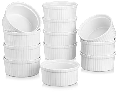 MALACASA, Serie Ramekin.Dish, 12-tlg Set Porzellan Weiß Soufflé Förmchen, 220ml Creme Brulee Schälchen Backofenfest, Cupcake Muffin Förmchen, Kleine Dessertschale und Pastetenförmchen, 9.3x9.3x5cm