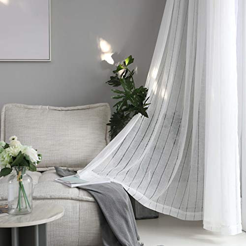Home Brilliant Semi Sheer Curtains Panel White Striped Voile Window Curtains for Living Room Nursery, Rod Pocket, Set of 2, 54 x 63 inch Drop