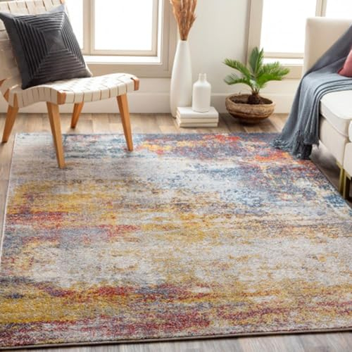 Livabliss Sarasota Wohnzimmer Teppich modern – Abstrakt Design in Marmor Optik für Wohnzimmer 160x213 cm, Esszimmer, Schlafzimmer - Marmor Teppich groß, weicher Teppich Kurzflor Blau, Senfgelb, Rost