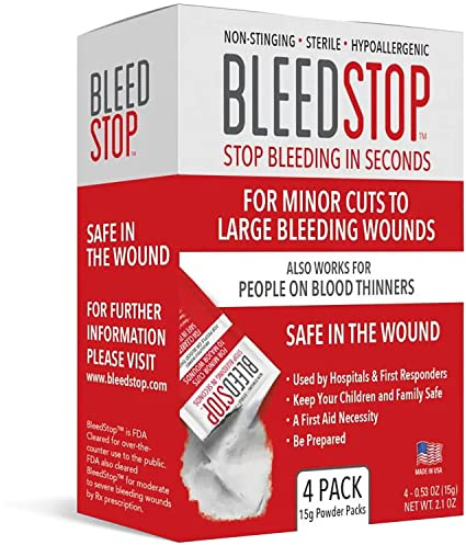 BleedStop™ First Aid Powder for Blood Clotting, Trauma Kit, Blood Thinner Patients, Camping Safety, and Survival Equipment for Moderate to Severe Bleeding Wounds or Nosebleeds - 4 (15g) Pouches
