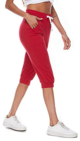 Ietaoo Joggingbyxor dam 3/4 sportbyxor sommar bomull capribyxor sweatpants löparbyxor fritidsbyxor sport fitness yogabyxor med ficka, Vinröd, L