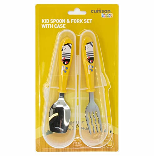 Cuitisan Infant Ensemble de couverts en acier inoxydable avec boîte de rangement, ustensiles pour enfants, cuillère d'apprentissage, pour la maison et les voyages (jaune)