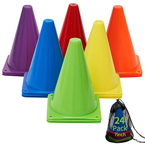 Kegel Sport für Kinder, kleines Trainingskegel-Set für Fußball-Übungen, 24 Stück, 17,8 cm, Agility-Feldkegelmarker für Fußball, Basketball, Übungen, mehrfarbige Baseball-Kegel aus Kunststoff für