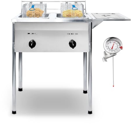KEEKR Two Tank Outdoor Deep Fryer with Thermometer | Propane Deep Fryer with 2 Stainless Steel Basket & Lid Covers | Large Oil Tank Capacity with Regulating Knobs