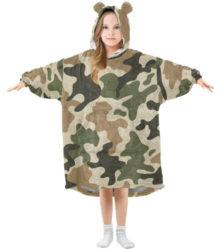 YOUJUNER Übergroße Decke für Kinder, Camouflage-Grün, Camouflage, warme Fleece-Hoodie-Decke, Plüsch, tragbare Decke, Hoodie, Sweatshirt, Pullover für Jungen und Mädchen, mehrfarbig, 8 Jahre Große