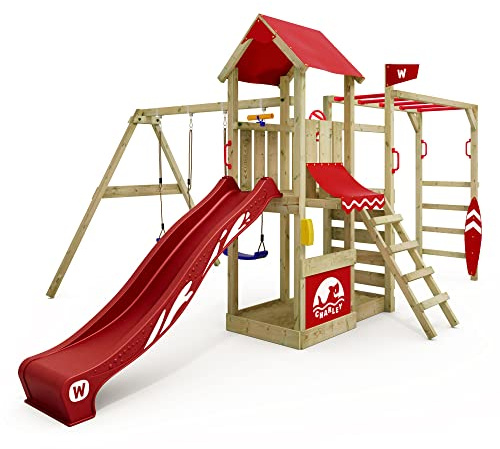 Wickey Wooden climbing frame Smart Baboon with swing set, monkey bars, tarp & red slide, Outdoor kids playground with sandpit, climbing ladder & play-accessories for the garden