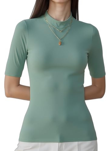 WOWENY Damtoppar, långärmad tröja, volanger och ståkrage damtröja, elegant ribbad smal passform, skjorta, basic, långärmad topp, blus, Kortärmad grön, XXL