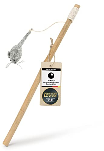 CATLABS Katzenangel - interaktive Spielangel mit Wollmaus und Glöckchen für Katzen - Reine Schafwolle ohne Polyester - Spielzeug Angel für Katzen - Katzenangel - for Cats