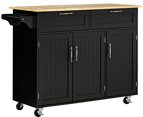 HOMCOM Carrello da Cucina Multiuso con 2 Cassetti, Armadietto 3 Ante e 4 Ruote, Isola da Cucina in Legno e MDF, 121x46x91cm, Nero