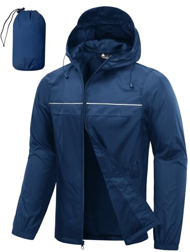 SWISSWELL Mens Rain Jacket & Coats Packable Lightweight Waterproof Windbreaker Hooded for Golf Cycling Hiking Navy Blue L