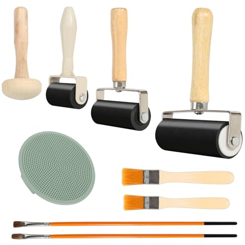 Linoldruck Silikon Andrückrolle Gummiwalze mit 1 Pilzwalze 1 Ma Lian 2 Bürste 2 Ölgemäldepinsel, Andrückwalze Kleberwalze Andrückroller Set für Druckgrafiken Drucken Kunsthandwerk