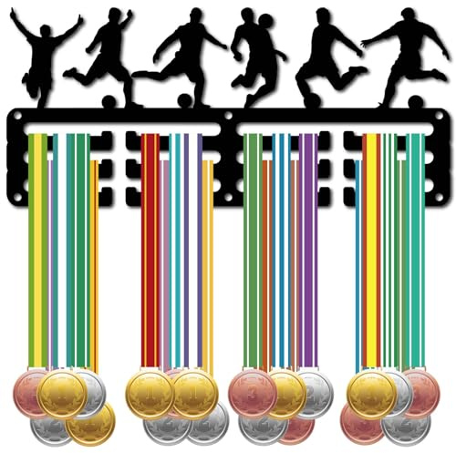 CREATCABIN Colgador Medallas Fútbol Soporte Medallas Deportes Carrera Competición Premios Organizador Cintas Soporte Marco Estante Metal Negro Pequeño para Colgar 40+ medallas Jugador Atletas 29x13cm