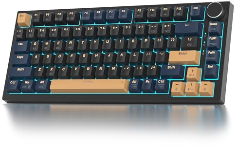 SOLIDEE Trådlöst 75-procentigt Mekaniskt Tangentbord med Knopp,Bluetooth 5.0/2.4GHz/USB-C Gasket Mount Tangentbord,Hot Swappable/RGB Belysning Mekaniskt Speltangentbord med Cream Grey Switch(82 BlueB)