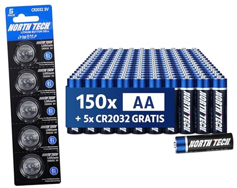 North Tech AA Ultra alkaliska batterier – 150 stycken + 5 × CR2032 GRATIS | Hållbar, läckagesäker och högpresterande | 1,5 V energikälla för enheter med hög förbrukning | 10 års hållbarhet