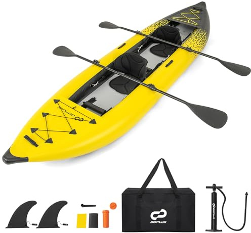 COSTWAY 12’5” Inflatable Kayak Set, 2-person Sit on Canoe with Aluminum Oars, EVA Padded Seat, High Back Support, Carry Bag, Hand Pump & Repair Kit, Paddle Kayaks Blow up Boat (Yellow)