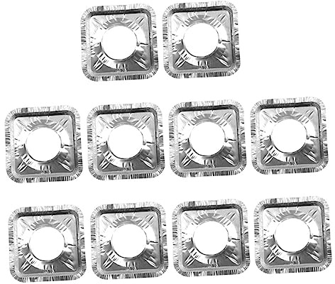 GLEAVI 10pcs Couvercles de Brûleurs de Cuisinière en Papier D'aluminium Argenté Réutilisables et Anti-huile pour Gazinière à Gaz Forme Carrée