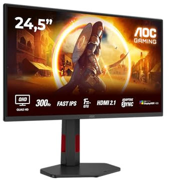 AOC Q25G4SR - 25 inch QHD Gaming Monitor, 300Hz, Fast IPS, 1ms, FreeSync Prem, G-Sync comp, HDR400, Height Adjust (2560x1440, 2x HDMI 2.1, DisplayPort 1.4)