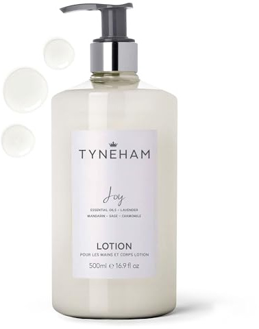 TYNEHAM Joy Hand and Body Lotion 500ml Clear Bottle – Natural Body Moisturiser, Hydrating Vegan Hand Cream Pump, Cruelty-Free Lotion with Essential Oils, Refillable Pump Dispenser, Made in England