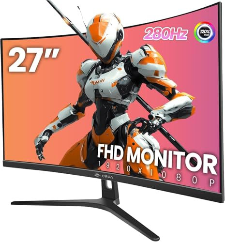 CRUA Monitor Gaming Curvo 27 Pollici 280Hz Full HD, 1ms con FreeSync & HDR, Immersione Totale 1800R, Eye Care Flicker-Free per PC/PS5/Xbox, Design Senza Cornice, HDMI/DP, VESA – Nero
