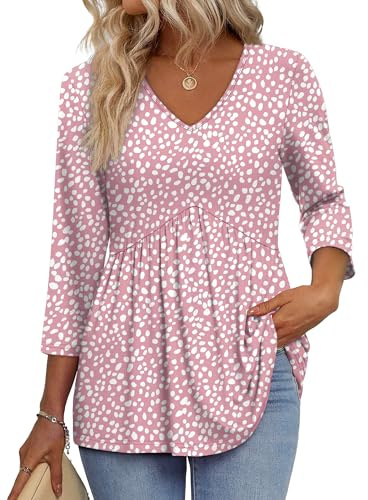 Aokosor Ladies Tops 3/4 Sleeve V Neck Shirts for Women UK Babydoll Pleated Blouses Elegant Casual Tunics Peplum
