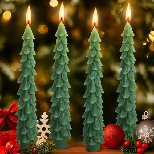 Shupakul 4 Pcs Christmas Tree Taper Candles-10 Inch Unscented Tree Shaped Taper Candle-Green Christmas Decorative Tree Candles for Home Decor Party Centerpiece Decoration