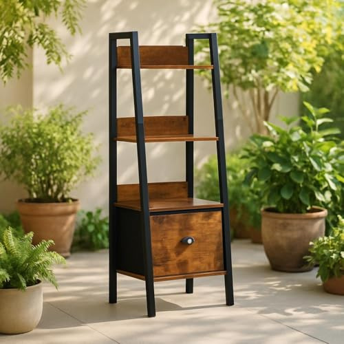 FurnitureR Etagères pour Jardin et Patio, Supports de Pots à 4 Niveaux, Porte Plante Escalier, Rangement avec Tiroirs en Non-Tissé, pour Intérieur, Salon, Balcon, Patio, Cour, 42 x 29 x 110 cm