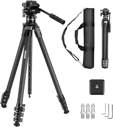 NEEWER 60.4 Travel Tripod Carbon Fiber with Detachable Damped Fluid Head, Lightweight Video Camera Stand with Metal Quick Flip Buckle, Arca Type QR Plate Compatible with PD, LT37