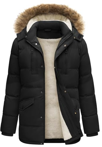 heekpek Mens Jacket Winter Long Coats Warm Parka Hooded Water Repellent Outdoor Padded Fleece Lined Jackets, Black, XXL