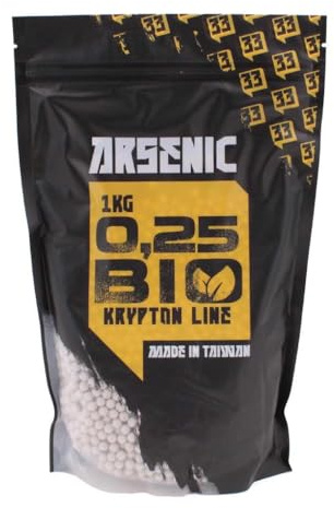 Bolsa de 1 kg de Bolas biodegradables de 0,250 g para Airsoft Marca Arsenic Krypton, 6 mm, Blancas, pulidas Evitar Atascos y residuos
