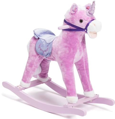 Bakaji Cavallo a Dondolo per Bambini Con Suoni Realistici Nitrisce e Muove la bocca Struttura in Legno e Tessuto Peluche di qualità Giochi Infanzia (Pink)