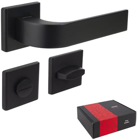 APECS Dörrhandtag innerdörrar modernt dörrhandtag för ytterdörr och innerdörr med fyrkantiga rosetter handtagsset med fästmaterial dörrbeslag kod deco ULTRA H-60142 mattsvart WC – badrum