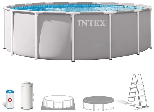 Intex - Piscina Desmontable, Gris, D457x122 cm, Capacidad para 16.805 litros, Escalera, Tapiz, Cobertor, Estructura metálica, Montaje 45 Minutos, Conexiones Ø32 mm (56085)