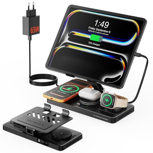 GEEKERA Station de Charge 4-en-1 pour Apple, Câble Escamotable pour iPad, Chargeur Magnétique sans Fil pour iPhone 12-17/Air/Pro, Station d’Accueil pour Apple Watch & AirPods, Noir