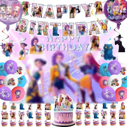 52 Piezas Decoración Cumpleaños Hunt-ers, Kit de Fiesta Temática Anime con Pancarta, Adorno para Tarta, Tela de Fondo, Globos y Cinta, Set de Decoración de Fiesta de Cumpleaños para Infantiles