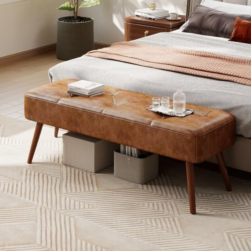 Ckaff 112 CM Tufted Faux Leather Bench, Modern End of Bed Bench Bedroom Bench, Upholstered Ottoman Bench with Wood Legs for Entryway, Footstool Bench for Living Room (Brown)