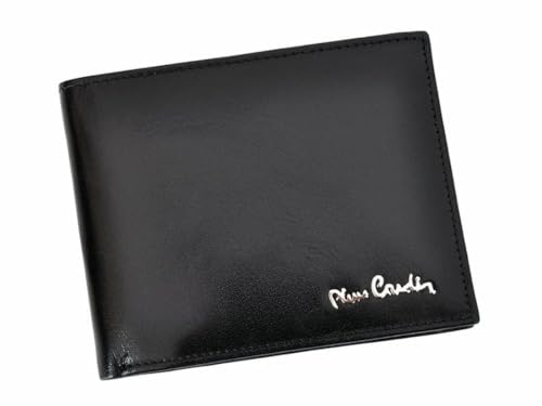 Pierre Cardin Herren-Geldbörse aus 100% Naturleder, faltbar, mit halben Geldscheinfächern, mit Platz für Kleingeld, ohne Verschluss, schlank, mit bis zu 11 Karten, Farbe schwarz