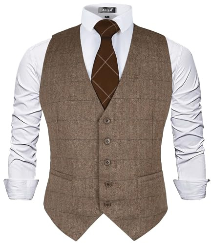 Alizeal Mens Business Dress Tweed Suit Vest Regular Fit Tuxedo Waistcoat, brown-M