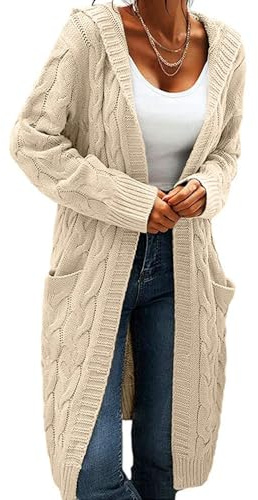 GeGekoko Cardigan da Donna con Cappuccio, Manica Lunga, Cardigan in Maglia Grossa, Aperto sul Davanti, Maglione Casual Autunnale e Invernale con Tasche, Beige, XL