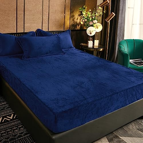 Luofanfei Winter Plüsch Spannbettlaken 180x200cm Boxspringbett Samt Blau Dunkelblau Warm Kuschel Frottee Bettlaken Spannbetttuch Uni Muster Spannbetttücher für Hohe Matratze Steghöhe 25-30cm