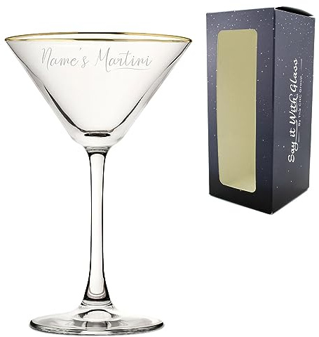 Personalised Engraved Gold Rim Martini Cocktail Glass with Name's Martini Design, Personalise with Any Name for Any Occasion, Gift Box Included, Laser Engraved