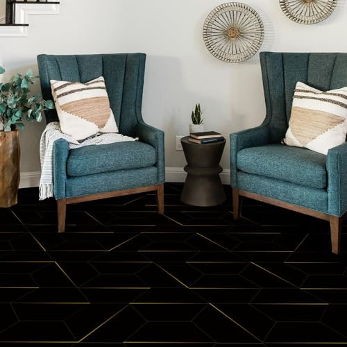 Alwayspon 24 Stück sechseckige LVT-Bodenbeläge zum Abziehen und Aufkleben, LVT-Fliesenaufkleber, wasserdichte Vinyl-Bodenfliesen für Heimdekoration, DIY, 30 x 25 cm, einfacher Stil, schwarzer Marmor,