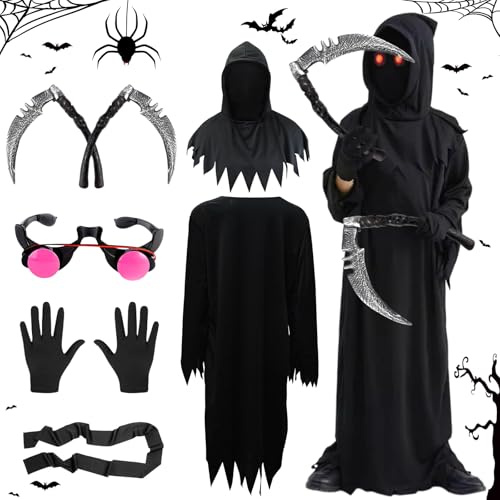 Costume Mietitore Bambino, Costume Da Tristo Mietitore per Ragazzi Ragazze, Veste Nera Spaventosa Con Doppie Falci, Occhi Rossi Brillanti, Costume Halloween per Travestimenti Da Festa Spettrali (95cm)