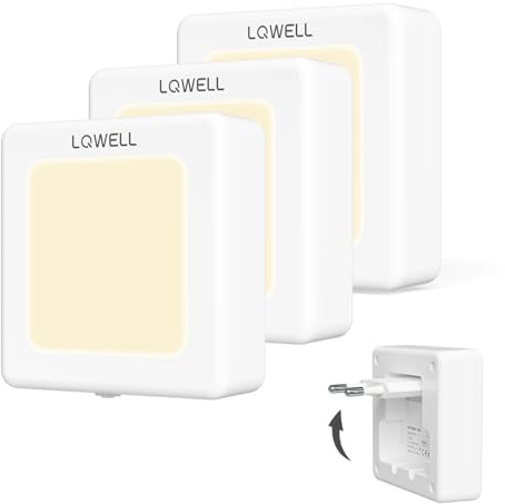 LQWELL® Nattljussockel Vikbar med Skymningssensor, Nattlampa Justerbar Ljusstyrka, Automatiskt Uttagsljus, Orienteringsljus Varmvitt för Barnrum Halltrappa (Vit, 3 Stycken)