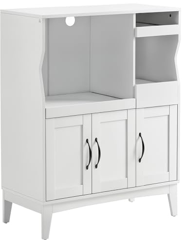 HOMCOM Credenza Cucina Salvaspazio con 2 Armadietti e Cassetto e Ripiani Estraibili, Mobiletto da Cucina Porta Microonde con Ripiani Regolabili in Legno, 84x39x109 cm, Bianco