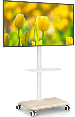 5Rcom TV Portatile con Piedistallo con Ruote per 27-55 Pollici, Supporto TV da Pavimento con Legno Base, TVs con le Ruote con Ripiano Max VESA 400x400mm 30kg (Bianca)