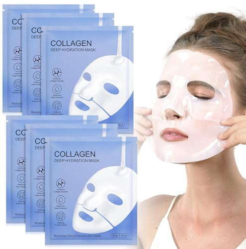 Collagemask overnht, 6 stycken collagemasker, djupverkande anti-rynk lyft för alla hudtyper, minskar fina linjer och rynkor, anti-åldrande