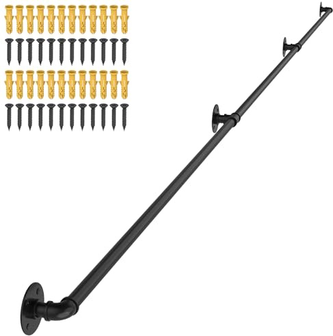 OUSHENG Stair Railing Indoor Hand Rails for Outdoor Steps, Industrial Pipe Handrail Metal Iron Handle Support for Wall Mount Staircase Porch, Vintage Farmhouse Style, 12ft